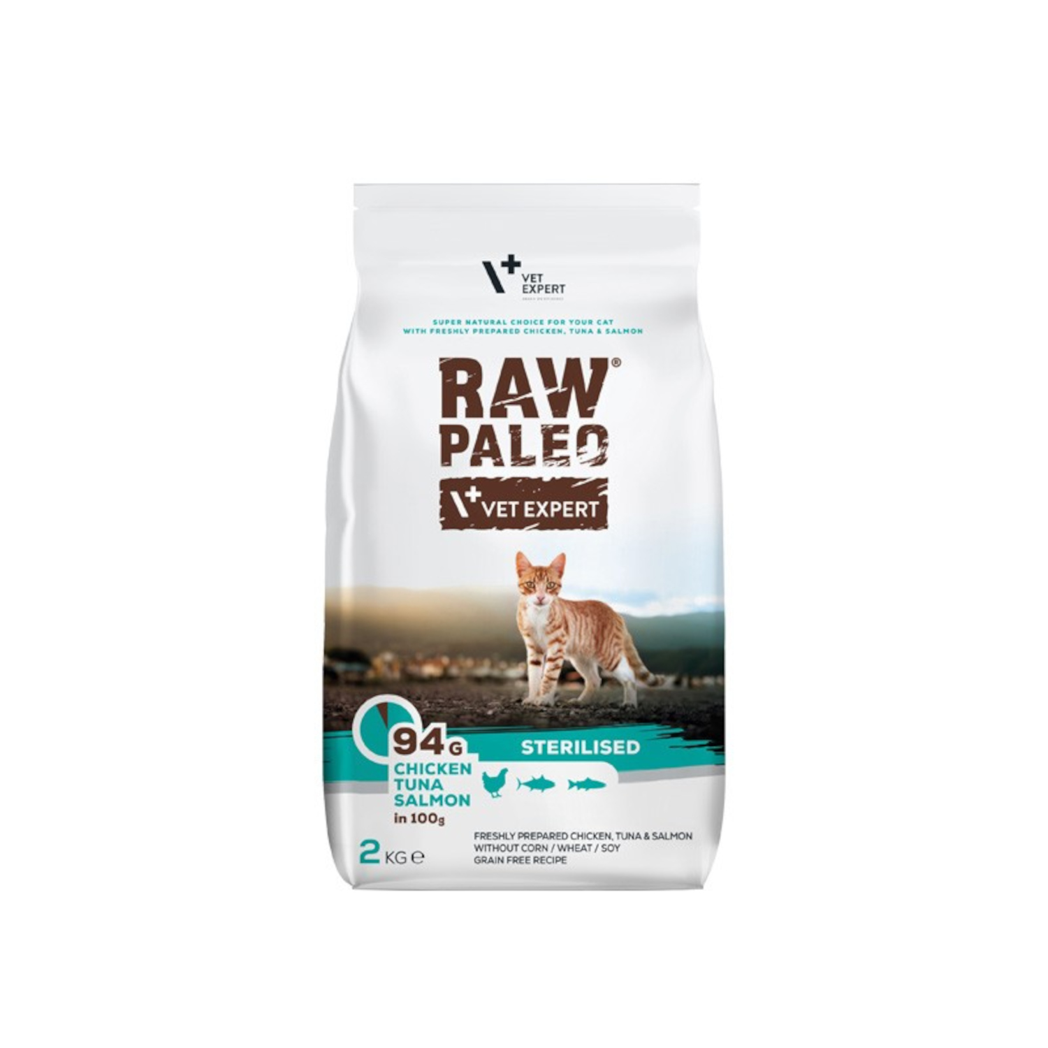 RAW PALEO STERILISED CAT – sucha karma z kurczakiem, tuńczykiem i łososiem dla kotów sterylizowanych