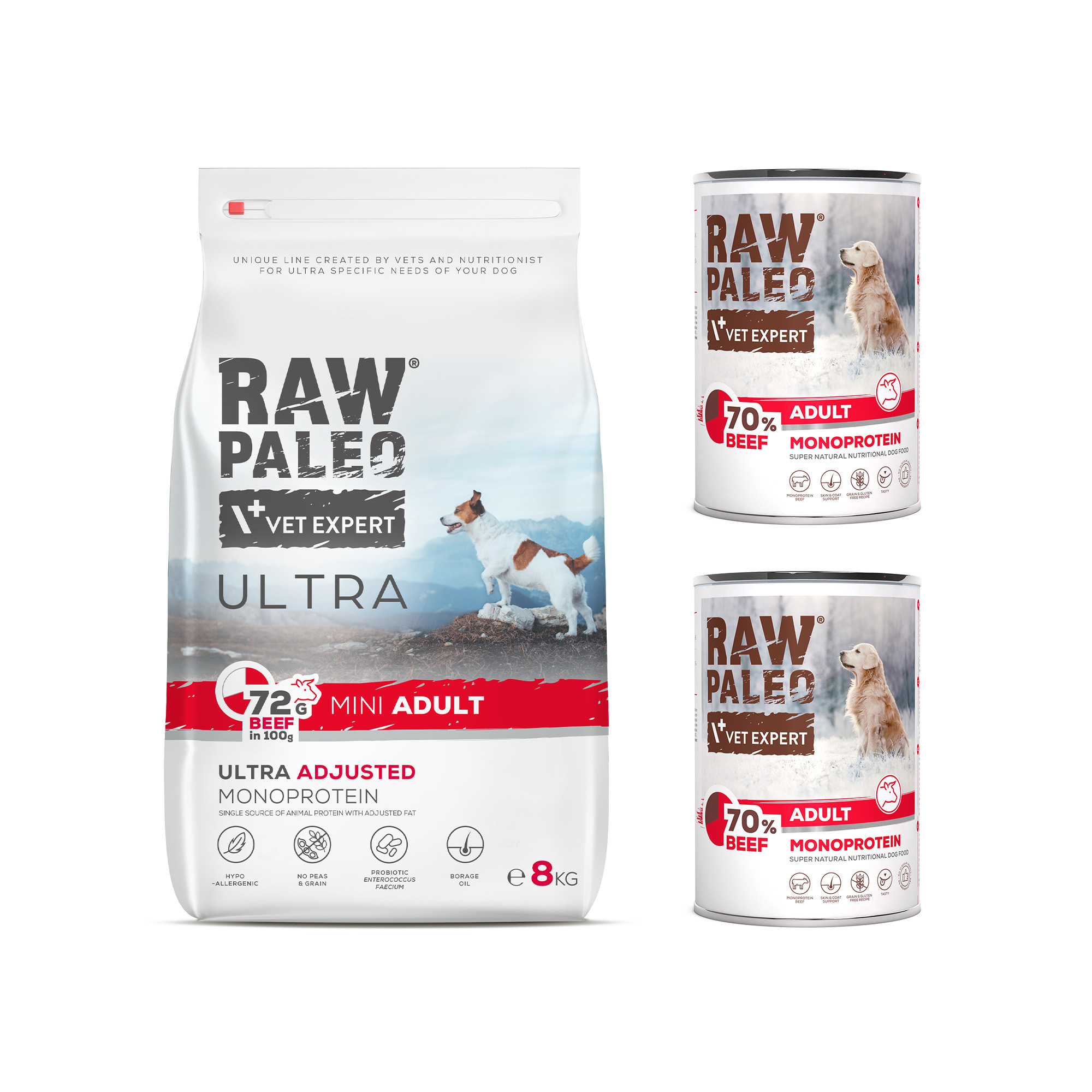 RAW PALEO ULTRA BEEF MINI ADULT 8kg i 2x BEEF ADULT puszka 400g - zestaw karmy z wołowiną dla psa rasy małej