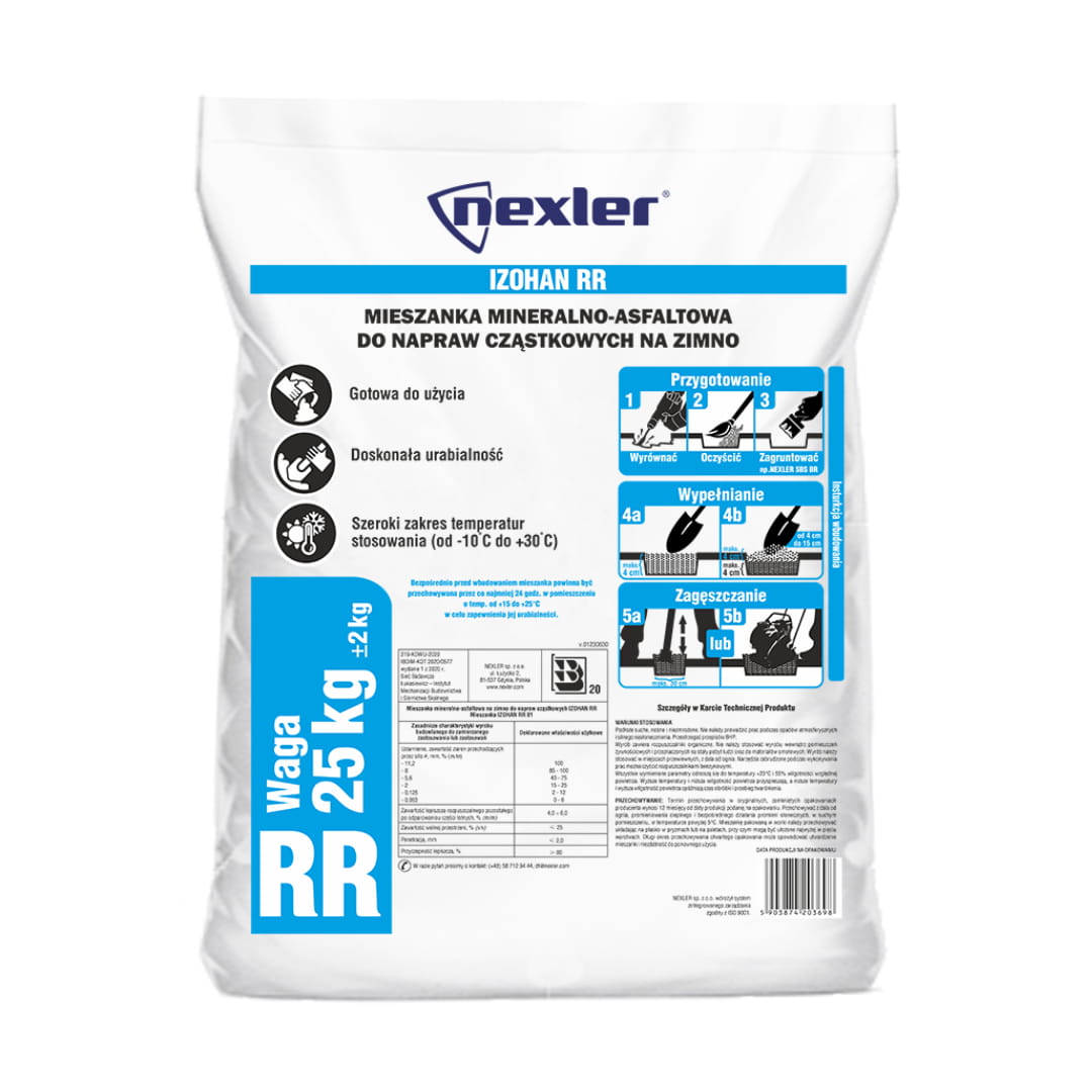 NEXLER ASFALT NA ZIMNO W WORKU DROGOWY 25KG TRWAŁA MIESZANKA MINERALNA
