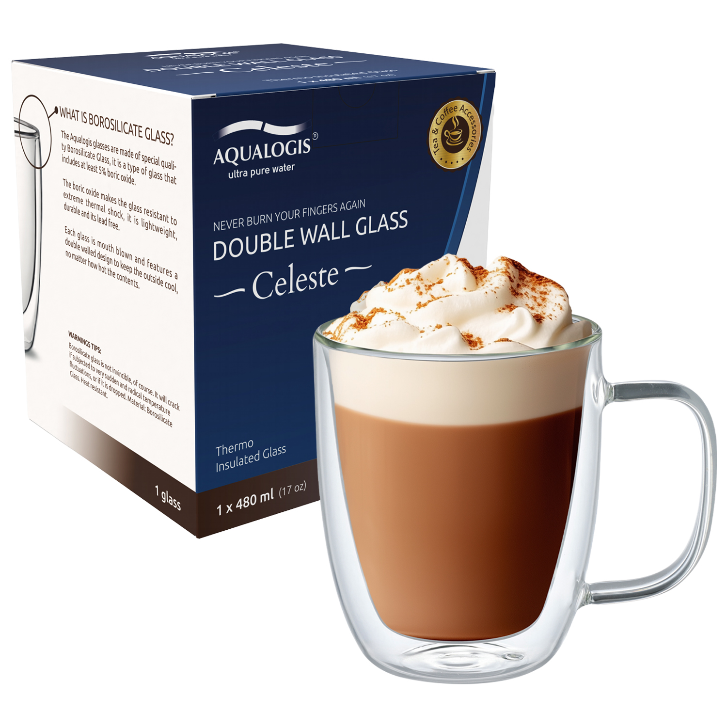 Szklanka termiczna z podwójną ścianką Aqualogis Celeste 480ml z uchem