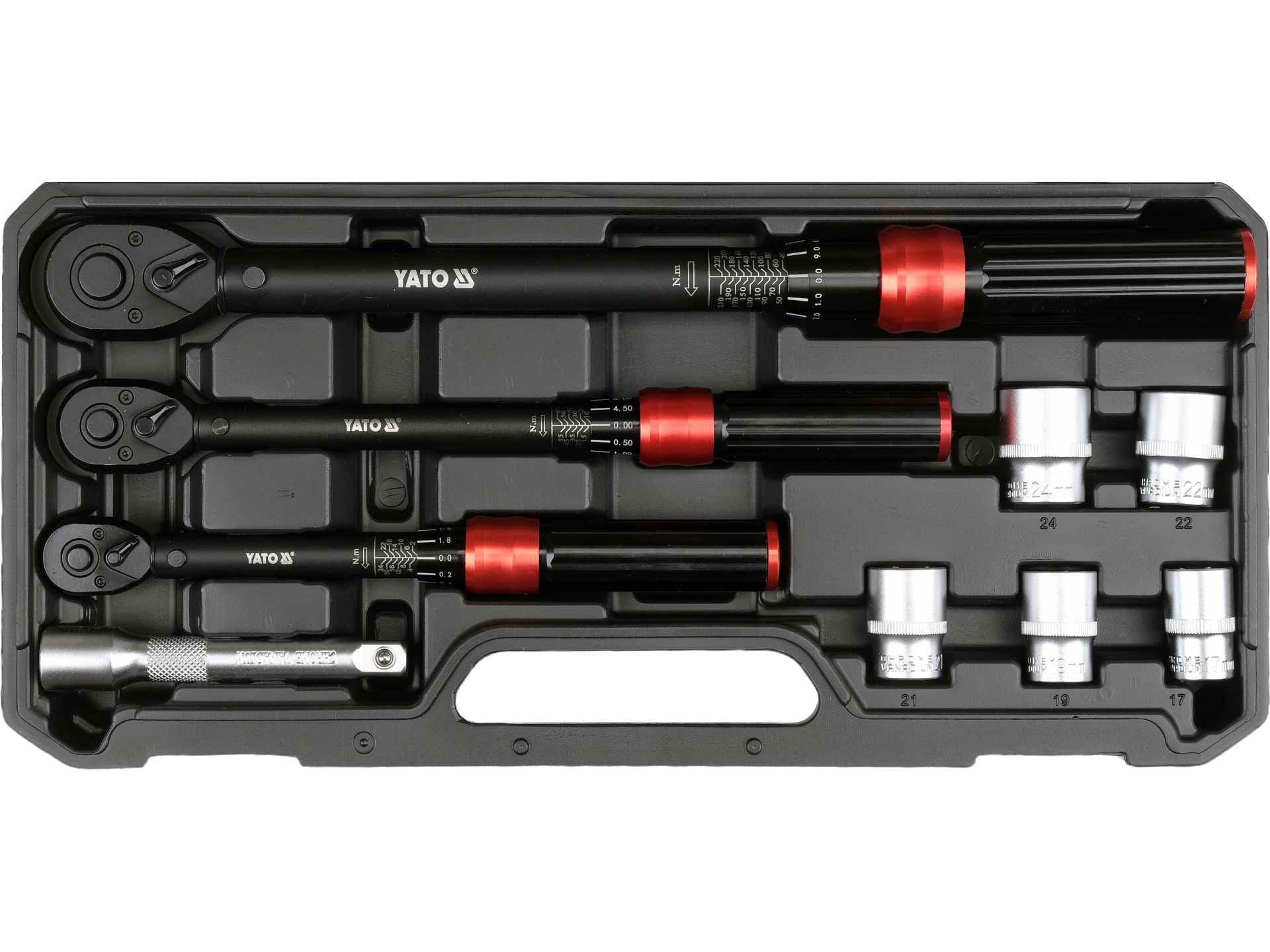 Zestaw dynamometryczny 1/4', 3/8", 1/2" zakres 2-220nm 9 elem. toleran 3% YATO YT-07716