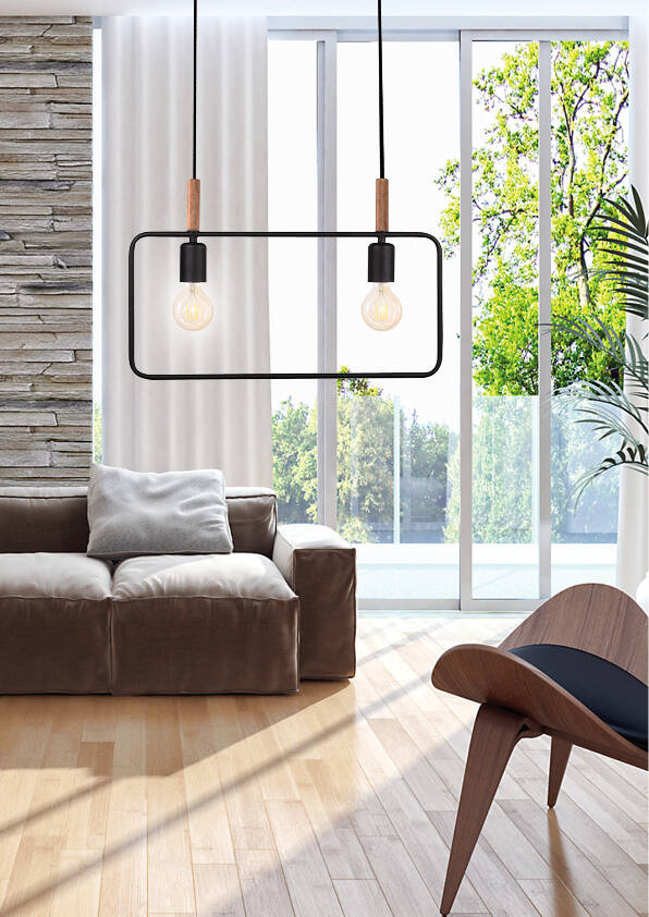 Czarna lampa wisząca regulowana 2-płomienna do salonu FRAME metal drewno