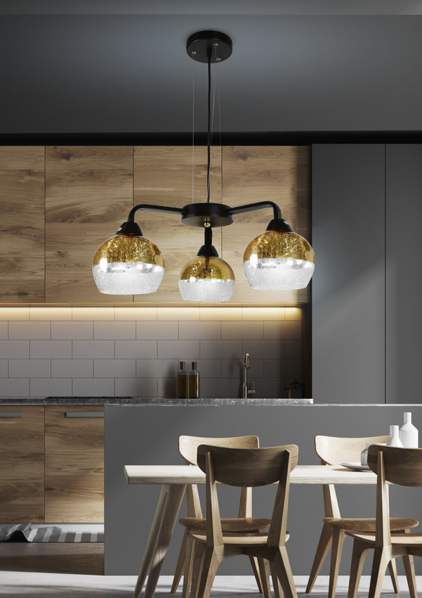 Czarna lampa wisząca regulowana 3xE27 do salonu CROMINA GOLD metal-szkło