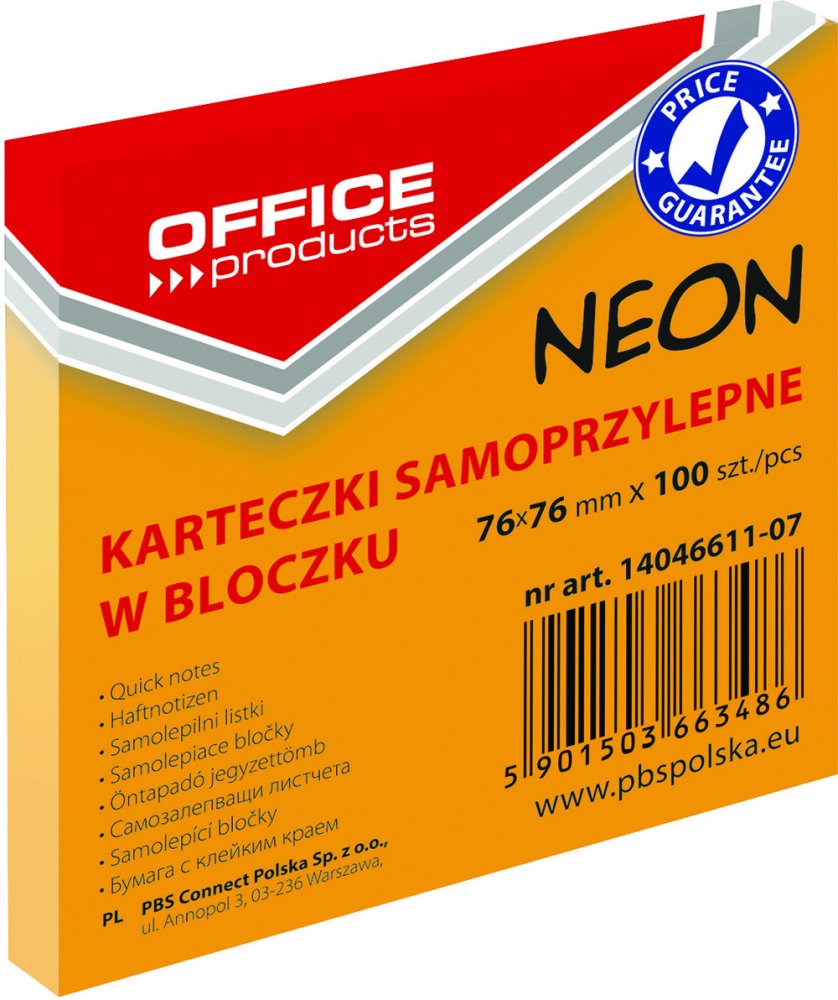 Karteczki samoprzylepne Office Products 76x76 mm 100 karteczek neonowy pomarańczowy