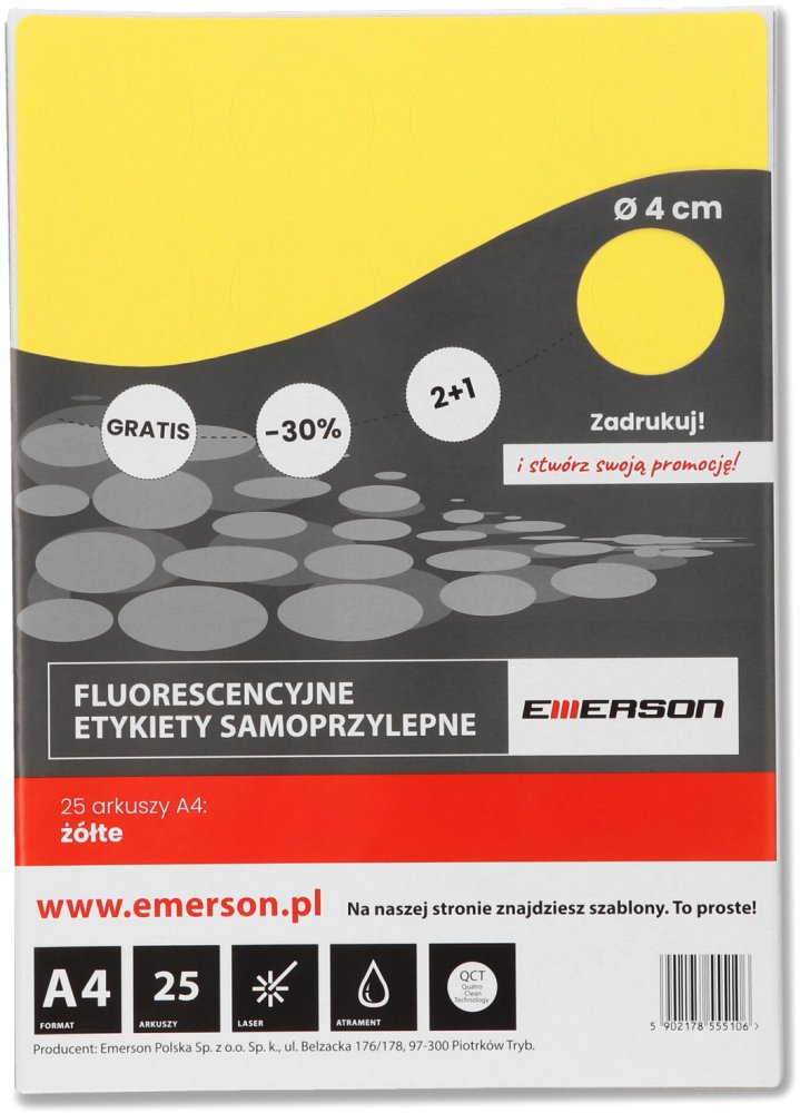 Emerson etykiety okrągłe fluorescencyjne O40 mm, 25 ark.