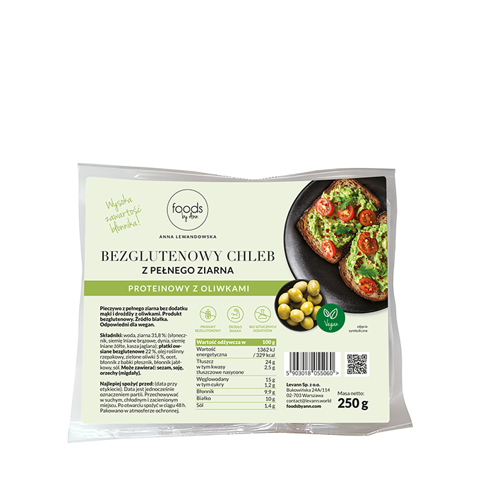 Bezglutenowy chleb z pełnego ziarna z oliwkami, 250 g