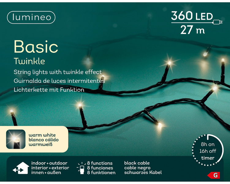 Lampki zewnętrzne 360Led 27m czarny/ ciepły biały Flesz 8funkcji
