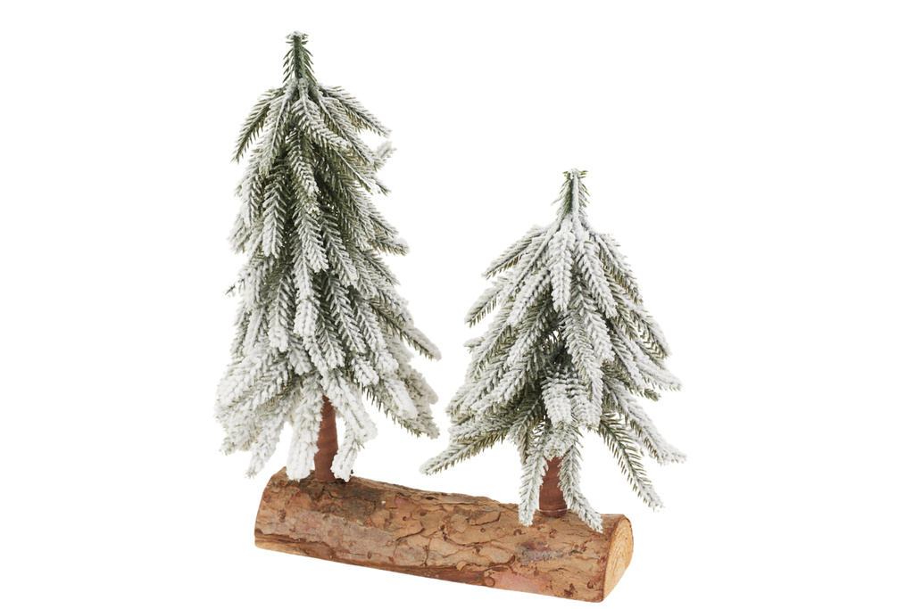 Dwie Choinki flokowane na drewienku 26 cm