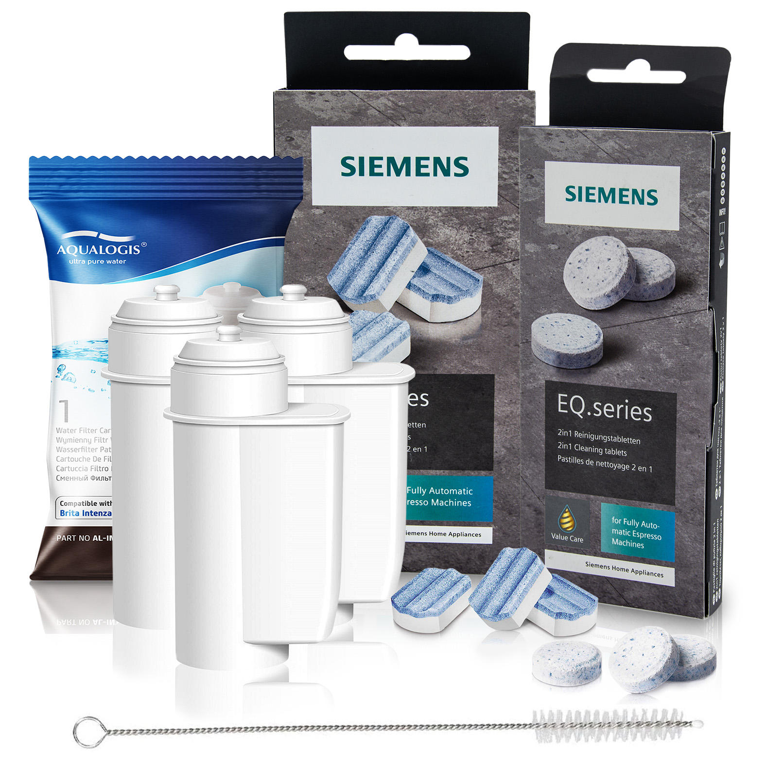 Tabletki i Odkamieniacz Siemens + 3x Filtr Do Ekspresu AL-Inte + Szczotka